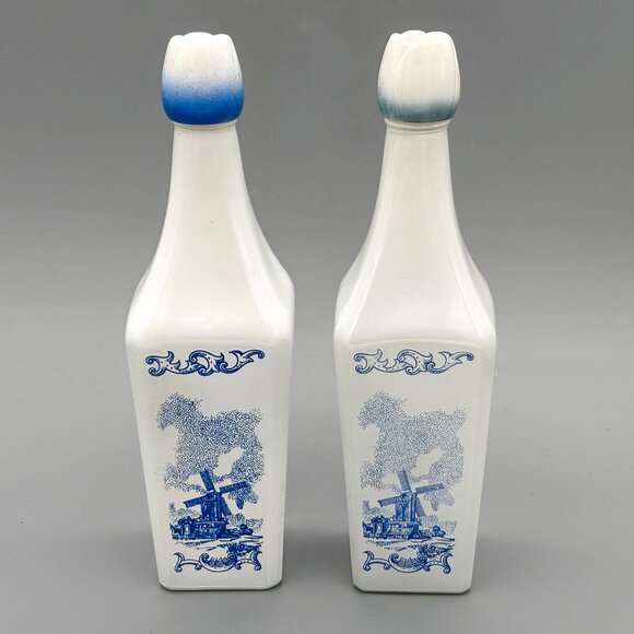 Vintage Vandermint Milk Glass Decanter Pair With Blue Windmill Design | Holland - Picture 1 of 8